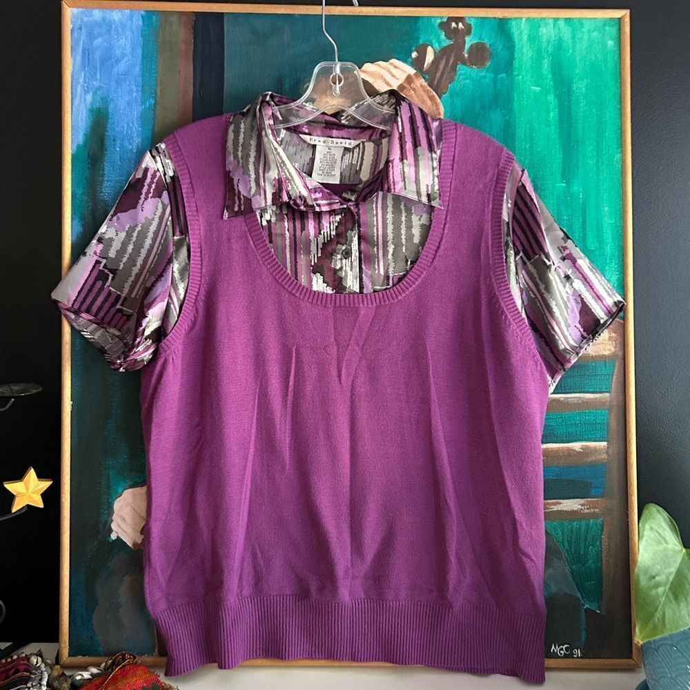 Vintage Y2K Fred David Purple Striped Layered Look Collared Sweater Top Women’s